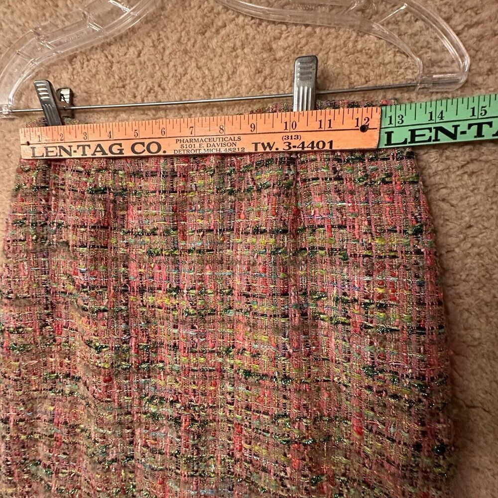 Rickie Freeman Teri Jon Tweed Pencil Skirt Bow Fringe Pink Green‎ Sz 2 - Picture 11 of 13